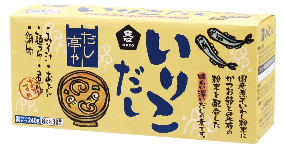 ■容量：8g×30■原材料：麦芽糖、食塩、煮干いわし粉末、酵母エキス粉末、鰹節粉末、昆布粉末■賞味期限：製造日より365日■保存方法：※直射日光を避け、常温で保存してください。 F■配送方法：常温☆いわし、かつお節、昆布、食塩の入った溶けやすい顆粒タイプのだしの素です。 ☆アミノ酸やたんぱく加水分解物を使用せず作った味わい深いおだしです。 ☆瀬戸内産・長崎産のいわし、枕崎産かつお節、北海道産昆布の素材を生かしました。 ※100g当りナトリウム約14600mg （分類：加工食品/調味料　2/加工調味料）※JANコード：4978609102820 ※手配商品のため、メーカーの在庫状況によっては欠品となる場合があります。 また、手配商品につきましては、ご注文後のキャンセルはできませんのでご了承ください。