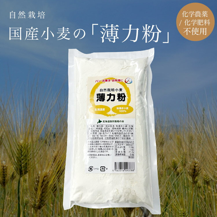 【北海道産】【自然栽培（無肥料無農薬栽培）】小麦粉（薄力粉）（秋撒き小麦/品種は「きたほなみ」）400g※「北海道自然栽培の会」が育てました※メール便対応可（1通につき、2個まで）※有機JAS認証の「小麦」を原料にしています。