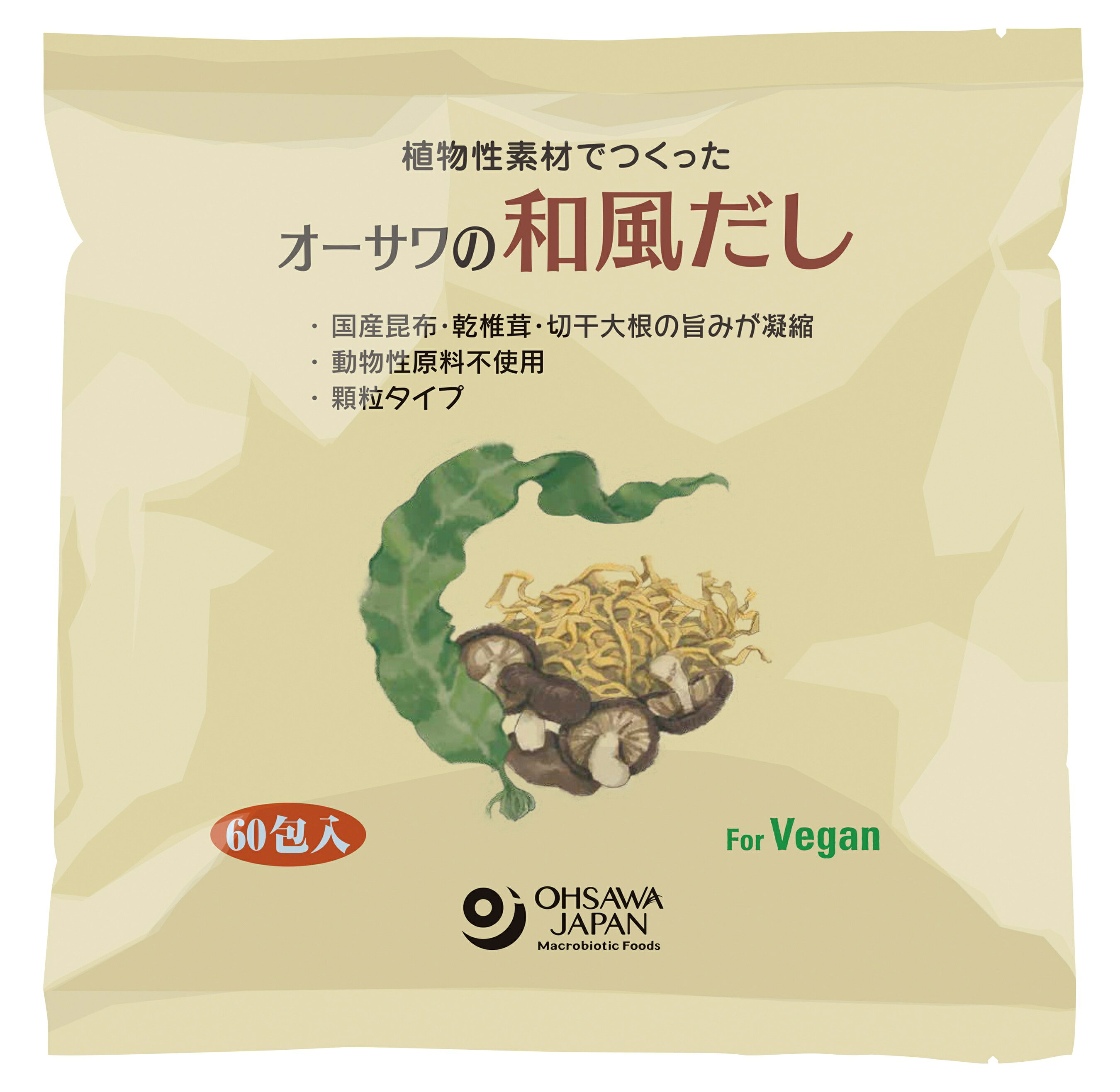■内容量：300g(5g×60包) ■原材料：食塩(天塩)、さつまいもでん粉(国産)、焼き野菜粉末[切干大根・乾しいたけ・昆布(国産)]、酵母エキス ■開封前賞味期間：常温で1年 ■配送方法：常温 ■メーカー：オーサワジャパン株式会社 ◆顆粒タイプ ◆砂糖・動物性原料不使用 ◆化学調味料不使用 ◆汁物、煮物、麺つゆなどのだしに ◆1包で1〜3人分 ※手配商品のため、メーカーの在庫状況によっては欠品となる場合があります。 また、手配商品につきましては、ご注文後のキャンセルはできませんのでご了承ください。