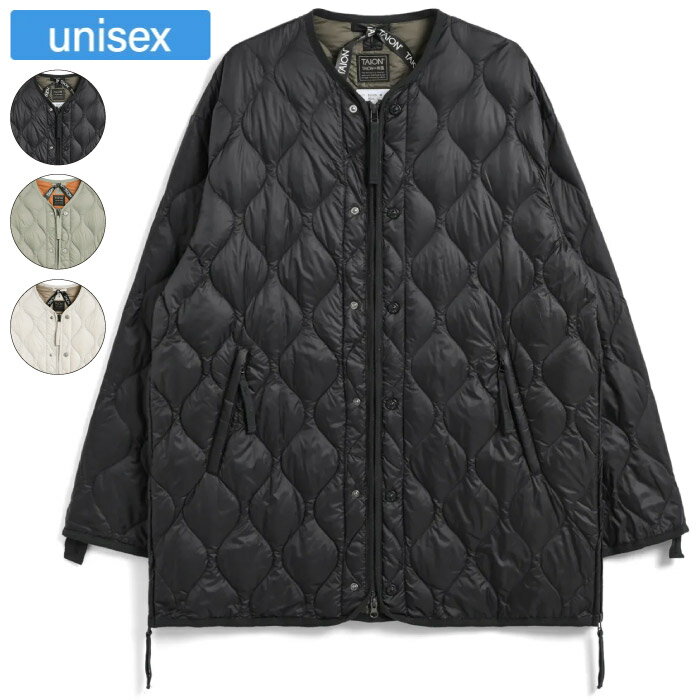 "着心地を重視した、ゆったりしたサイズ感「M-65ライナー」ダウンジャケット" 着心地を重視した、ゆったりしたサイズ感の「M-65」タイプのダウンジャケット。 前たて左右についているボタンを閉じていただくと、シルエットを細身にすることができます。 軽くて柔らかな生地を使用し、保温性に優れた800FPのダウンを採用。 ヘチマキルトのダウンステッチが、ミリタリー感を演出。 上下から開閉できるWジップファスナーは、スリットのように開き加減を調整できます。 また、両脇のスリットは、可動域が増え動きやすさをサポートし、 ボトムのポケットに手も入れやすく、重ね着を楽しんでいただける仕様としました。 軽くて暖かく柔らかい、ミリタリーテイストのダウンウェアです。 同シリーズ（MILITARY LINE）のダウンパンツやダウンマフラーなどと合わせていただくこともお勧めします。 従来のインナーダウンとは違い、ワンサイズ大きめなシルエットに仕上げていますので、少しルーズなスタイルで着ていただくこともお勧めです。 【商品スペック】 ・柔らかく張りのある高密度生地を使用しています。 ・800FPの上質なダウンを使用しています。 ・前たてと両脇には、YKKファスナーを使用しています。 ・前たて左右には、YKK金属スナップボタン（TAION刻印）を使用しています。 ・両脇には、ファスナースリットが付いています。 ・左右腰には、パッチポケットが付いています。 ・収納袋が付いています。コンパクトに収納ができ持ち運びに便利です。外出や旅行に最適です。 ・ご家庭での洗濯も可能です。 ※男女兼用サイズです。 【素材】 表地(無地)：ナイロン100% 表地(プリント)：ポリエステル100% 裏地：ナイロン100% パイピング：綿100% 中わた：ダウン95% フェザー5% 【カラー】 BLACK D.SAGE GREEN OFF WHITE TAIONのダウンについて TAIONは、嵩高の高い800FPのダウン（羽毛）を採用しています。 一般で使用されるダウン（一般：600FP前後）よりも軽くて、 暖かい空気をたくさん含むことができます。 ※一部800FPではないアイテムもあります。予めご了承ください。 〈ご注意ください！〉 ダウンは天然由来の素材であるため、稀に濃い色の羽が混入することがあり、表面に透けて見える場合がございます。 ※こちらは不良品ではございません。返品や交換につきましてはご対応いたしかねますので、あらかじめご了承ください。 （解消方法：少し目立つ箇所がございましたら両手で少し揉んで頂くと目立たなくなります。） ■当店でのご注文確定は、当店が定めるお買い物ガイド(下記含む)を理解し、同意したものとしてみなします。 ※実店舗を含め、複数の店舗と在庫を共有しており、ご注文後に在庫切れが発生する場合がございます。その際はメールにてご案内致します。事前にドメイン:shop.rakuten.co.jpをご登録ください。 ※店頭陳列在庫での販売の可能性があります。 ※メーカー画像を使用しておりますが、予告なく仕様やパッケージが変更される場合があります。 ※商品画像のカラーにつきましては、観覧される端末等の設定・環境によって実物と多少異なる場合があります。