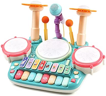 おもちゃのドラム Cute Stone おもちゃ 5in1楽器玩具 音楽おもちゃ ドラムおもちゃ 4種類ピアノ キーボード 木琴 マイク付き 多機能 音楽 ライト 太鼓 鍵盤楽器 早期開発 知育玩具 誕生日 クリスマスプレゼント