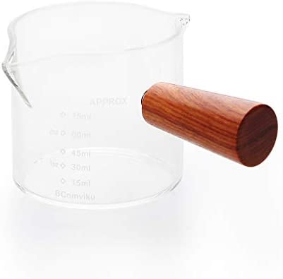 75ML計量カップエスプレッソショットグラス木製ハンドル付き目盛り付きトリプルピッチャーミルクカップダブルスパウト 耐熱グラス (1)
