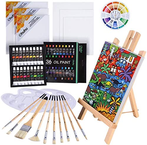 Ohuhu 油絵の具セット 56点セット 油絵の具 36色 初心者 画材セット 油彩 油彩絵具 木製イーゼル/張りキャンバス/油彩筆/パレット/カラーホイール付き 新学期学習教材 画材 イラスト 数字油絵 DIY