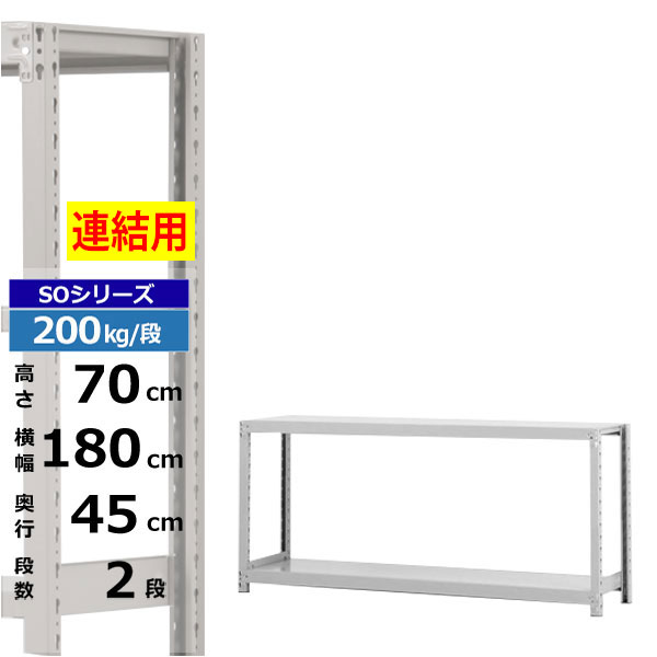 【クーポンあり】スチールラック 幅180 奥行45 高さ70 2段 増連形式 200kg/段 SOシリーズ業務用 スチール棚 ボルトレス 軽中量棚 ラック 棚 収納棚 収納ラックオープンラック スチールシェルフ 整理棚 送料無料