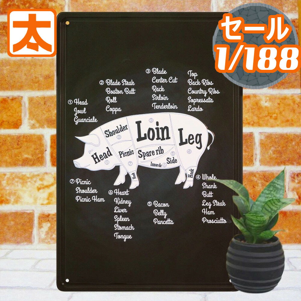 ブリキ看板 e 豚肉の部位 ポスター 絵 壁掛け インテリア雑貨 金属アートパネル パーツ ポーク お肉 肉..