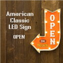 ブリキ看板 大型 53 OPEN オープン看板 LED看板 壁掛け LEDサイン アメリカン雑貨 壁飾り 装飾 内装 インテリア雑貨 アートパネル 看板 ポスター 絵 金属製 電球 店舗用 アローカット 矢印型 オレンジ色 ブラック おしゃれな 約50cm 大きい 特大