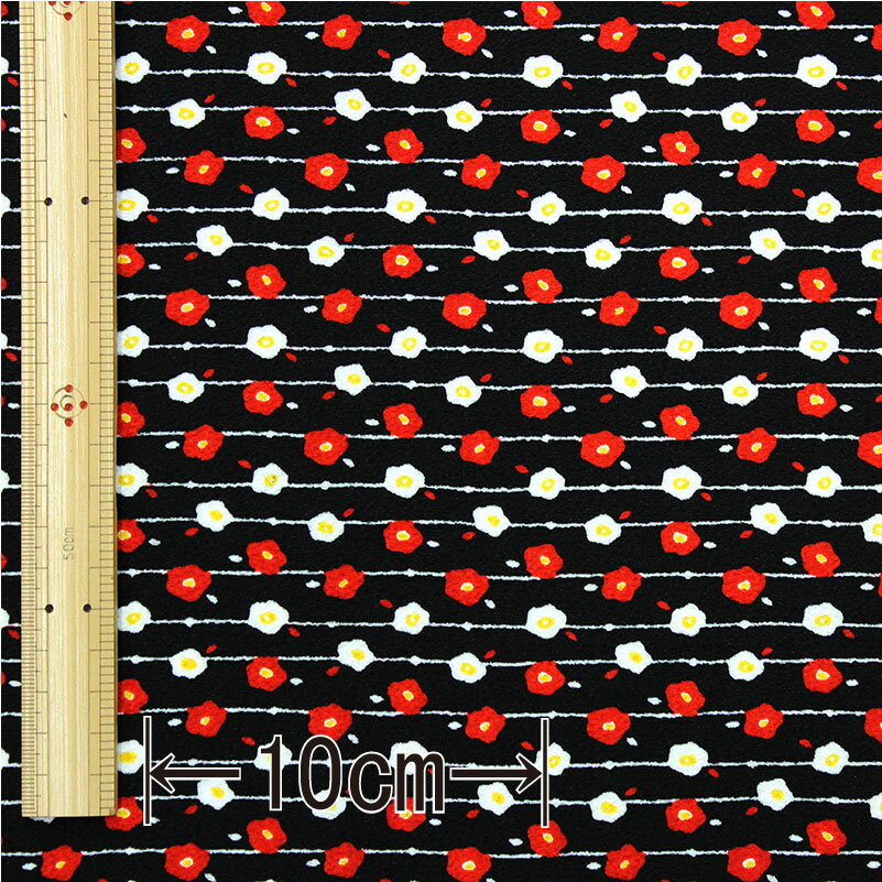 ポリエステルちりめんプリント 椿文様 黒 106cm幅 95単位 パネルカット売り【布地 ...