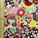レーヨンちりめんプリント 菊桜古裂文様 茶 65cm幅