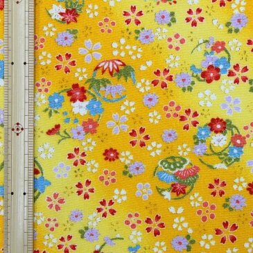 レーヨンちりめん 金彩花輪文様 黄色【布地 生地 和柄 縮緬 桜】