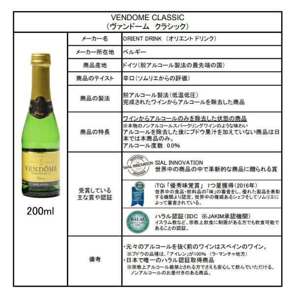 正規品【ノンアルコールスパークリングワイン飲料】『ヴァンドーム クラシック 200ml×24本』オリエントドリンク ドイツ産業務用 飲食店様向け ミニボトル お試しサイズ結婚式 披露宴 ウェディング パーティーバー アルコールフリー ゼロ 2