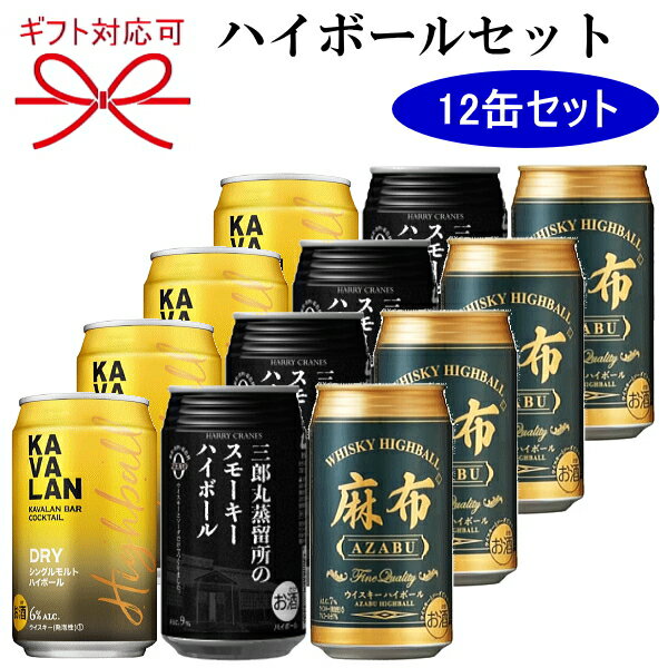 　今年はちょっと、気転の利いたギフトセットをチョイスされたい方、 毎年ビールばかり贈っているから他のドリンクギフトをお探しの方へ！ 居酒屋さん、飲食店、バーでも人気が高騰しているハイボールのセットはいかがですか？ ハイボールはウィスキーのソーダ割のカクテルのことですが、近年のウィスキーブームで 様々なタイプのウイスキーハイボールが誕生！ 【三郎丸蒸留所のスモーキーハイボール】 　北陸でただひとつのウイスキー蒸留所。 1952年にウイスキー製造をはじめてから、スモーキーな香りにこだわってきた三郎丸蒸留所。 その三郎丸蒸留所が日本で初めて開発したスモーキーハイボール缶がさらに美味しくなりました。 多層的なピート香とキレのある飲み口をどうぞお楽しみください。 世界初・鋳造製ポットスチル　ZEMON（ゼモン）の原酒使用。 糖質・香料・着色料0　ウイスキーとソーダだけで作りました。 【麻布ハイボール】 　最高峰のハイボールを追求した逸品！ スコッチウイスキーをはじめ、世界各国から厳選したウイスキー原酒を富士山の伏流水でブレンド。 不要なものは一切使用せずウイスキーとソーダのみでつくったハイボール。 ウイスキーのまろやかで甘い口当たりと、鼻から抜ける華やかな樽香が、日常にちょっと贅沢なひとときを♪ 【カバラン シングルモルトハイボール】 　KAVALAN BAR COCKTAIL DRY シングルモルトハイボールは カバラン・クラシック・シングルモルト・ウイスキーとソーダだけで作った本格派のハイボールです。 シングルモルト・ウイスキー原酒がもたらす熟成のコクとフルーティーな風味との バランスの良い味わいが特長のウイスキーソーダです。 カバランバーカクテルシリーズは、東京ウイスキー＆スピリッツコンペティション（TWSC2020）にて 「年間世界最優秀蒸留所賞」に輝いた、台湾の「カバラン蒸留所」で製造された原酒をベースに使用したカクテルです。 自然豊かな台湾「雪山」山麓の清らかな伏流水が使用されています。 　お中元、お歳暮、お年賀などの季節の御挨拶ギフトはもちろん、母の日、父の日のプレゼント、 敬老の日や誕生日プレゼントにも最適ですね！ ギフト、ラッピング、熨斗（のし）対応、メッセージカード代筆等のサービスもご用意しております。 是非、ご利用下さいませ。詳しくは購入フォーム備考欄で詳しくご指示下さいませ。 ●開栓時には充分ご注意下さい。 ●妊娠中や授乳期の飲酒は胎児、乳児の発育に悪影響を与える恐れがある為、お控え下さい。 ●本品はお酒です。20才未満の酒類の購入は法律で禁じられており、販売は固くお断り致します。 　＜　セット内容　＞ 　・　三郎丸蒸留所のスモーキーハイボール　355ml缶×4本 　・　麻布ハイボール　350ml缶×4本 &nbsp; ・　カバランバー カクテル シングルモルト ハイボール　320ml缶×4本 内容量 320ml缶×4本 350ml缶×4本 355ml缶×4本 アルコール度数 6％-9％ 保存方法 常温で可 他の商品との同梱 不可 ギフト対応、 発送について お酒は食文化。慶祝贈答や催事。生活の様々なシーンで。 ●ご贈答用 、ギフト、プレゼントに。リカーショップたかはしWebでは贈り物の様式、習慣に合わせて体裁よく熨斗の選定、包装、ラッピングのご要望にお答えさせていただいております。 【長寿のお祝い長寿祝い】 ・60歳還暦（赤）・70歳古希（紫）・77歳喜寿（紫）・80歳傘寿（黄・金）・88歳米寿（黄・金）・90歳卒寿（白）・99歳白寿（白）・100歳百寿（白） 【結婚記念日】 ・1周年：紙婚式・2周年：藁婚式、綿婚式・3周年：革婚式、糖果婚式、草婚式・4周年：花婚式、リンネル婚式、皮婚式、書籍婚式・5周年：木婚式・6周年：鉄婚式・7周年：銅婚式・8周年：青銅婚式、ゴム婚式、電気器具婚式・9周年：陶器婚式・10周年：アルミ婚式、錫婚式・11周年：鋼鉄婚式・12周年：絹婚式、亜麻婚式・13周年：レース婚式・14周年：象牙婚式・15周年：水晶婚式・20周年：磁器婚式・25周年：銀婚式・30周年：真珠婚式・35周年：珊瑚婚式、翡翠婚式・40周年：ルビー婚式・45周年：サファイア婚式・50周年：金婚式・55周年：エメラルド婚式・60周年：ダイヤモンド婚式・65周年：碧玉婚式、ブルースターサファイア婚式・70周年：プラチナ婚式・ペアグラス・ペアセット 【お祝い】 ・出産お祝い・結婚お祝い・お誕生祝い・誕生日プレゼント・バースデイ・お祝い・御祝・内祝い・出産内祝い・結婚内祝い・引き出物・お返し・新築祝い・引越し・快気祝い・祝上棟・上棟内祝い・上棟式・むねあげ・落成式・竣工式・竣工祝い・地鎮祭・改築御祝・落成御祝・開店御祝・創業御祝・成人式・快気内祝・七五三 【記念品】 ・上棟記念・初節句・周年記念・周年祭・両親への記念品・両親へのプレゼント・ゴルフコンペ・ホールインワン記念・卒団記念・卒部記念・優勝送記念・監督・コーチへのプレゼント・当選御祝・受賞御祝・景品 【仕事関係のお祝い】 退職記念・退職祝い・定年退職祝い・就職祝い・栄転祝い・昇進祝い・開店祝い・勤続記念・送別会・退官・勤続記念・奉献・献上・上司へのプレゼント・部下へのプレゼント・寸志・当選 【入学・入園・入学祝い・卒業・卒園】 ・入学記念・入園祝い・入園記念・卒園記念・卒業記念・卒業祝い・進学祝い・合格祝い・先生へのプレゼント・恩師へのプレゼント 【季節のイベント】 ・お中元・お歳暮・御歳暮・御中元・御年賀・お正月・元旦・新春・お年賀・お花見・バレンタインデー・ホワイトデー・母の日・父の日・敬老の日・こどもの日・暑中見舞い・残暑御見舞い・寒中お見舞い・七夕祭り・ハロウィンパーティ・クリスマス・Xmas・Christmas・海の日・山の日・勤労感謝の日・キャンプ・バーベキュー・BBQ・レジャー・ゴールデンウィーク・シルバーウィーク・桃の節句・ひな祭り 【お心遣い】 ・お礼・御礼・粗品・粗酒・プチギフト・おもたせ 【贈る相手】 ・男性・女性・父・お父さん・パパ・母・お母さん・ママ・子供・子ども・男の子・女の子・おじいちゃん・お爺ちゃん・おばあちゃん・お婆ちゃん・祖父・祖母・妻・夫・彼氏・彼女・友達・友人・上司・先輩・孫・まご・夫婦・めおと・両親・カップル・取引先・施工業者・施主・棟梁・大工・10代・20代・30代・40代・50代・60代・70代・80代・90代・100代 【自分用】 ・家飲み・宅飲み・晩酌・オンライン飲み会・Instagram・インスタ映え・LINE・Facebook・Twitter・TikTok・バズル・パーティー