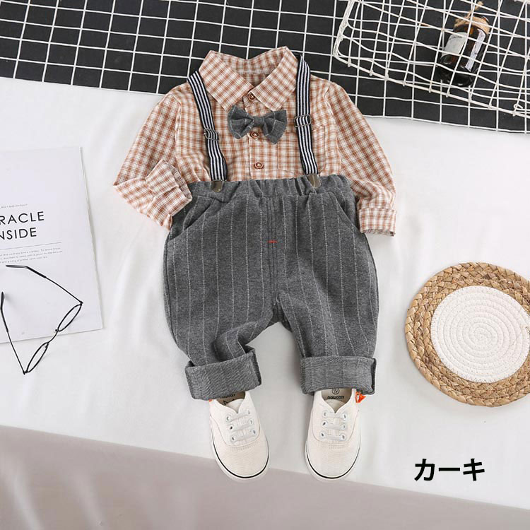 【先着！】50％OFFクーポン配布中男の子 フォーマル セットアップ 長袖 半袖 80 90 100 110 キッズ ベビー シャツ パンツ サスペンダー 蝶ネクタイ チェック柄 子供服 おしゃれ フォーマルスーツ 結婚式 発表会 入園式 七五三 誕生日 記念撮影 お呼ばれ 春 夏 秋 taka0810-10001054 aliveshop サンプル画像3