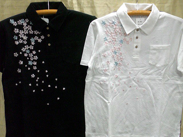 絡繰魂　カラクリ魂 　和柄 梨地　半袖ポロシャツ 五重塔に桜蝶刺繍　KARAKURI