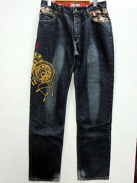 絡繰魂　カラクリ魂 和柄デニムパンツ 花菱と鏡刺繍 KARAKURI