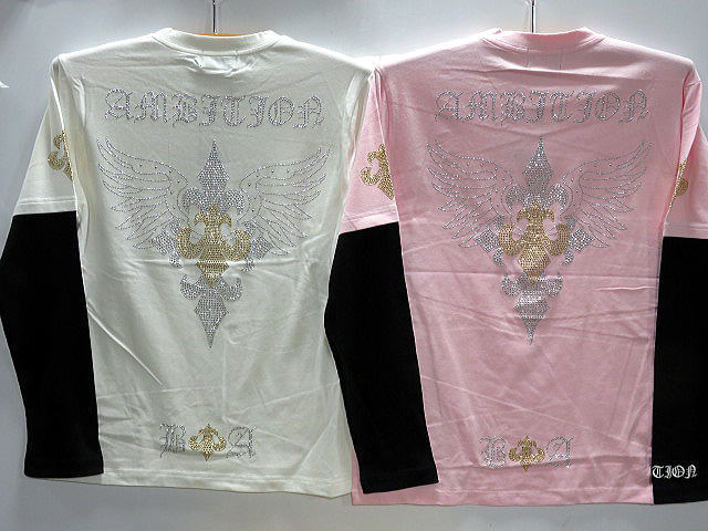 ビーアンビション 長袖レイヤードTシャツ　ラインストーン百合ウイング　BE AMBITION