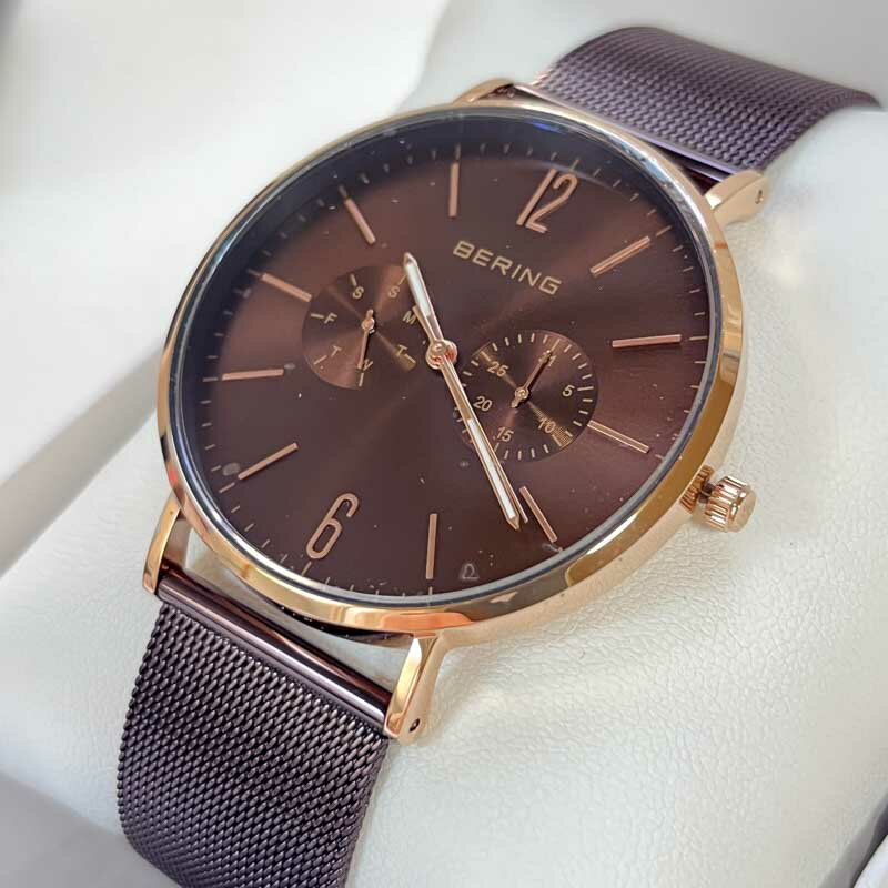 高上屋の【クーポンで最大30%OFF】【未使用品】腕時計 メンズ レディース ベーリング BERING 日本限定モデル おしゃれ LUXE BROWN Changes 14240-265 クォーツ 電池式 防水 曜日 日付 アナログ 大人 交換ベルト付属 レザーベルト ステンレスベルト 40mm プレゼント 父の日｜アングル2