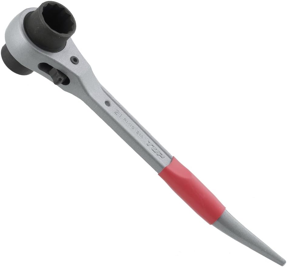 TOP工業(トップ工業) アルミショートラチェットレンチ RM-19X21A 軽量アルミ製 足場組立・型枠工事向け 両口スパナラチェット機構 対辺寸法:19×21mm 全長:241mm T:50mm グリップカラー:レッド