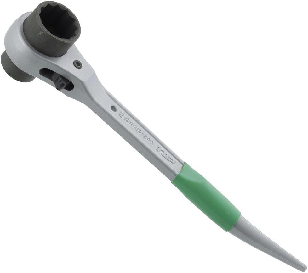 TOP工業(トップ工業) アルミショートラチェットレンチ RM-19X24A 軽量アルミ製 足場組立・型枠工事向け 両口スパナラチェット機構 対辺寸法:19×24mm 全長:241mm T:50mm グリップカラー:グリーン