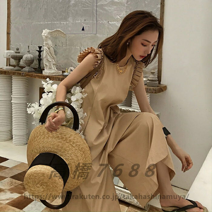 サロペット オールインワン フリル 袖 ワンピース ロング丈 ノースリーブ 夏ワンピース リゾート キュート フレア 夏 マキシワンピ ワ..