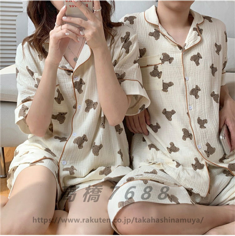 綿100％ ガーゼ パジャマカップル ルームウェア 半袖&短パン 寝巻き レディース メンズ パジャマ 大人 男性パジャマ 前開き 部屋着 リラックスウェア ナイトウェア 上下セット 婦人用 産後 女性 かわいいカジュアル プレゼント