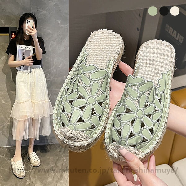 厚底サンダル ミュール レディース ビーチサンダル 麻 シューズ 美脚 軽量 歩きやすい 3cm カジュアル お出かけ PU花柄 ベランダサンダル ルームシューズ 涼しい フラット おしゃれ 春夏 可愛い 送料無料
