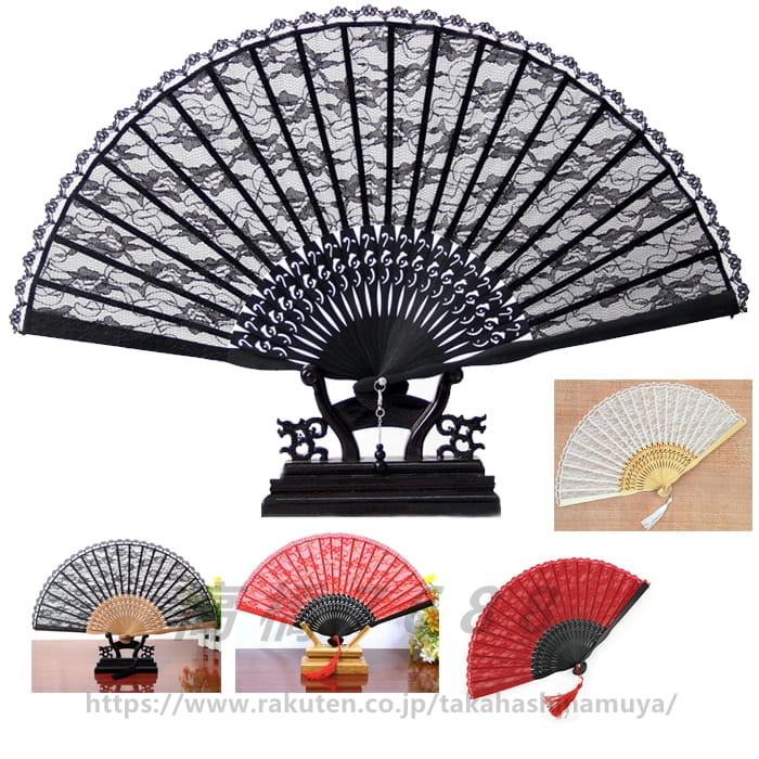 送料無料 レース扇子 竹製和風 高級感 折りたたみ式 工芸扇子 道具扇子 ダンス扇子 ブラック レッド ホ..