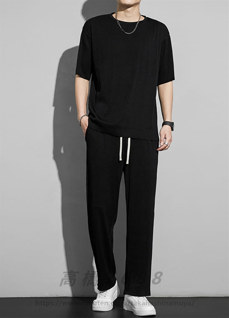 【送料無料】セットアップ メンズ 光沢感 ワイドパンツ 冷感接触 涼しい 上下セット サマーセット ビッグシルエット 大きいサイズ ルームウェア 部屋着 半袖 モード系 メンズファッション 夏 春夏 夏服 カジュアル 韓国ファッション