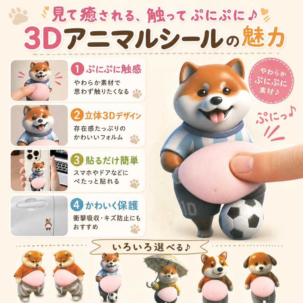 アニマルシール 3D ぷにぷに 犬 かわいい 癒しグッズ ぽっちゃりワンコ ステッカー デコシール 手帳 スマホケース 冷蔵庫 水筒 アルバム ドア 車 装飾 DIY 2枚セット ふわふわ ストレス解消 takahashiyu-10000379 LifeSpark サンプル画像2