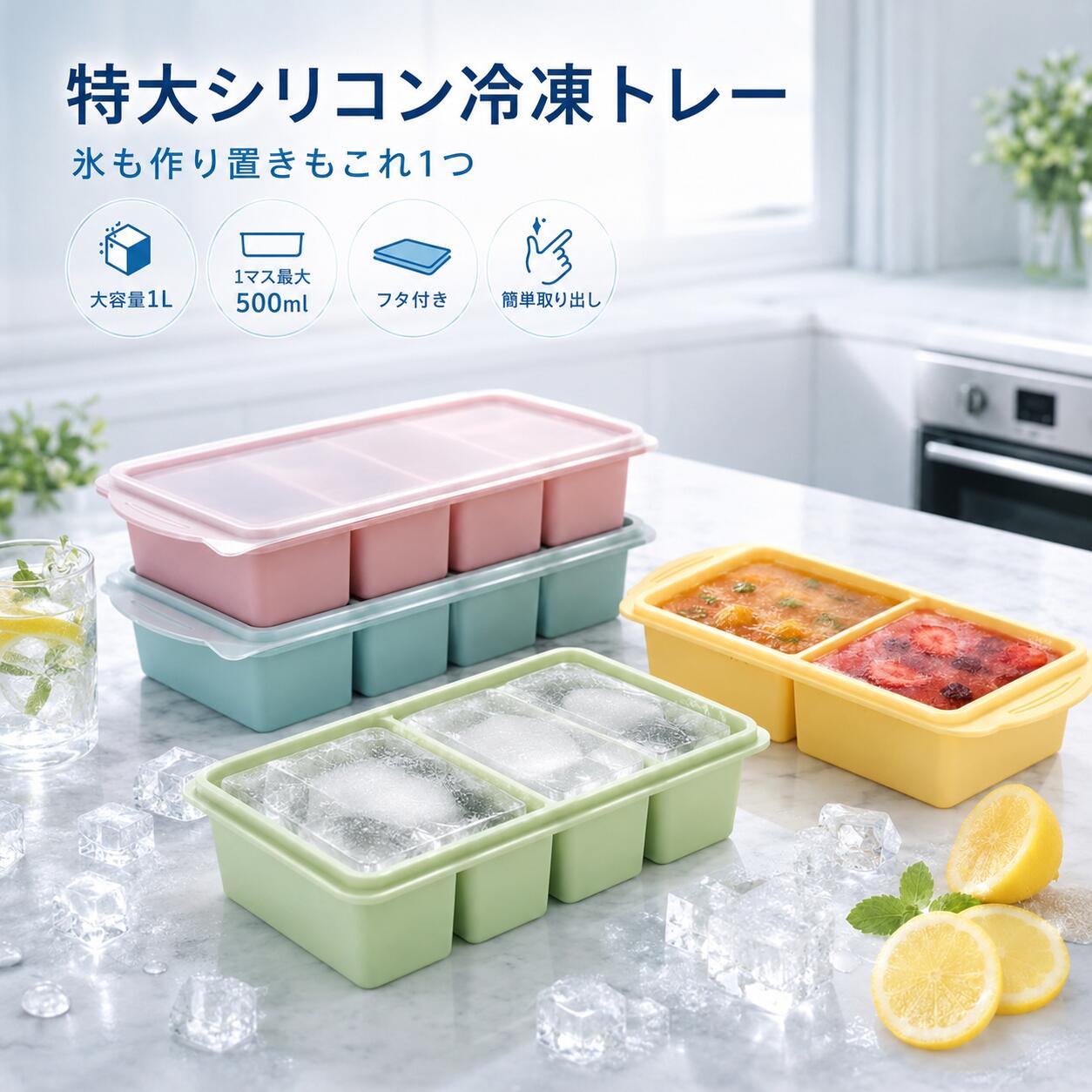 フタ付き シリコン冷凍トレー 商品特徴 氷作りはもちろん、スープ、だし、離乳食、フルーツ、作り置きおかずなどの小分け冷凍に便利なシリコン製冷凍トレーです。 トレー全体の容量は約1L。用途に合わせて、2個取り・横長4個取り・縦長4個取りの3タイプからお選びいただけます。 大容量約1L 一般的な小型製氷皿よりも大きな容量で、まとめて氷や食材を冷凍保存できます。 何度も小分けする手間を減らし、大きめの食材や一食分の作り置きにも使いやすいサイズです。 選べる3タイプ 【2個取り】 1マス約500ml。特大サイズの氷やスープ、カレーなどの保存におすすめです。 【横長4個取り】 1マス約250ml。離乳食、だし、スープ、おかずなどを分けて保存できます。 【縦長4個取り】 1マス約250ml。細長い形状で、食材や飲み物の小分け冷凍に便利です。 簡単に取り出せる やわらかいシリコン素材を使用しているため、トレーの底から押すだけで、凍った氷や食材を取り出しやすい設計です。 硬いプラスチック製トレーのように、強くひねったり叩いたりする必要がありません。 特大氷が作れる 2個取りタイプは、1マス最大約500mlの特大サイズです。 大きな氷は小さな氷に比べてゆっくり溶けやすく、飲み物の冷たさを長く保ちたいときにも便利です。 水、ジュース、コーヒー、フルーツ入りドリンクなど、さまざまなアレンジを楽しめます。 目盛り付き トレーの内側には、容量を確認しやすい目盛りが付いています。 スープやだし、離乳食などを分量ごとに小分けしたいときに便利です。 ※目盛りは目安としてご使用ください。 透明フタ付き 中身を確認しやすい透明フタ付きです。 冷凍庫を開けたときに保存内容を見分けやすく、ホコリの付着や冷凍庫内でのニオイ移りを軽減します。 ※完全密閉タイプではありません。 重ねて収納 フタを取り付けることで、トレーを重ねて収納できます。 冷凍庫内のスペースを有効に使え、作り置きした食材や氷をすっきり整理できます。 多用途に活躍 製氷だけでなく、スープ、だし、離乳食、果物、野菜、ソース、カレー、おかずなど、さまざまな食品の小分け冷凍に使用できます。 毎日の作り置き、家事の時短、食材管理にもおすすめです。 商品名 フタ付きシリコン冷凍トレー 材質 シリコン、その他 トレー容量 約1L タイプ 2個取り 横長4個取り 縦長4個取り カラー ミントグリーン ピーグリーン ブラック レイクブルー イエロー グレイッシュブルー ロータスピンク 2個取り サイズ：約29×12.5×5.5cm 重量：約260g 容量：約1L 1マス容量：約500ml マス数：2個 横長4個取り サイズ：約30×13×5.6cm 重量：約305g 容量：約1L 1マス容量：約250ml マス数：4個 縦長4個取り サイズ：約30×13×5.6cm 重量：約320g 容量：約1L 1マス容量：約250ml マス数：4個 使用方法 1．トレーを安定した平らな場所に置きます。 2．水や食材を各マスに入れます。 3．フタを取り付け、水平な状態で冷凍庫に入れます。 4．十分に凍った後、トレーの底を押して中身を取り出します。 お手入れ方法 初めて使用する前に、中性洗剤でよく洗ってください。 使用後は汚れを洗い流し、十分に乾燥させてから保管してください。 研磨剤入り洗剤、金属たわし、鋭利な器具は使用しないでください。 ご注意 ※サイズ、重量、容量は測定方法により多少の誤差が生じる場合があります。 ※フタは完全密閉ではありません。液体を入れたまま傾けたり、横向きにしたりしないでください。 ※液体を入れすぎると、凍結時の膨張によりあふれる場合があります。適量を入れてご使用ください。 ※冷凍庫内では、必ず水平で安定した場所に置いてください。 ※無理に引っ張ったり、鋭利な物を使用したりしないでください。破損の原因となります。 ※火気や高温になる場所の近くに置かないでください。 ※商品の色は、モニター環境や撮影条件により実物と多少異なって見える場合があります。 ※製造時期により、仕様やデザインが予告なく一部変更される場合があります。