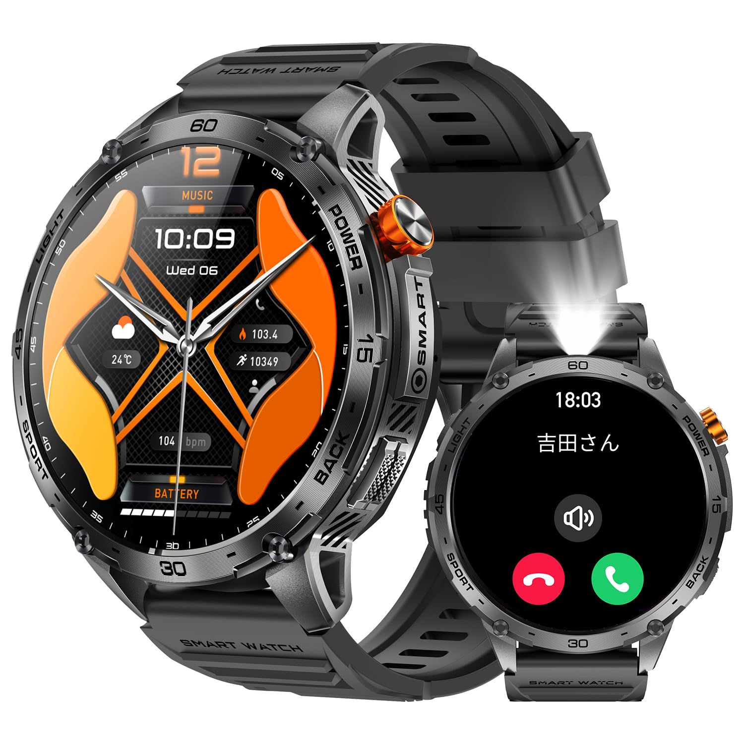 2025初売り スマートウォッチ 軍用規格 1.75インチ大画面 メンズ 丸型 通話機能付き Bluetooth5.3 懐中電灯 日本製 着信/LINEなどの通知 アンドロイド対応 音声アシスタント スポーツウォッチ 110+運動モード 600mAh長持ちバッテリー 3ATM防水