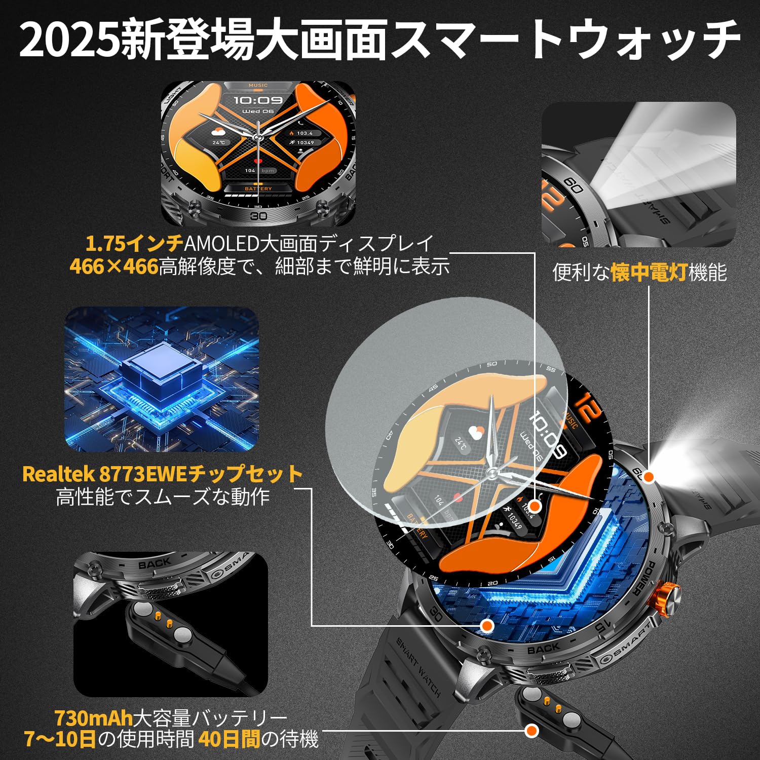 2025初売り スマートウォッチ 軍用規格 1.75インチ大画面 メンズ 丸型 通話機能付き Bluetooth5.3 懐中電灯 日本製 着信/LINEなどの通知 アンドロイド対応 音声アシスタント スポーツウォッチ 110+運動モード 600mAh長持ちバッテリー 3ATM防水