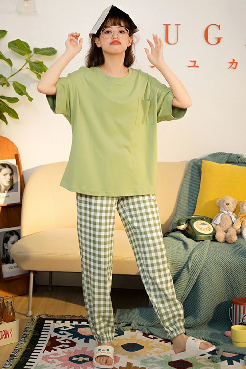 送料無料 ルームウェア 上下セット 半袖 長ズボン レディース ラウンドネック Tシャツ ロングパンツ チェック ボーダー ドロップショルダー パジャマ カットソー プルオーバー おしゃれ かわいい おうちウェア リラックスタイム トップス ボトムス 大きいサイズあり 女性用