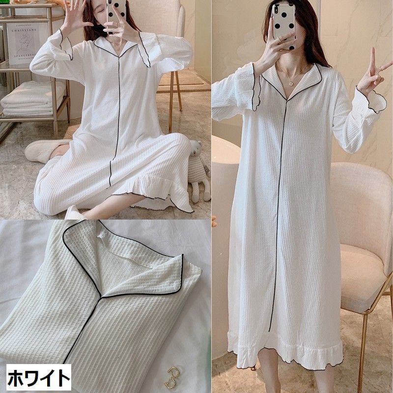 送料無料 ルームウェア パジャマ ワンピース ネグリジェ 部屋着 レディース 婦人用 ナイトウェア 襟付き 長袖 プルオーバー Vネック 膝下丈 無地 ネコ キリン ドット柄 プリント フリル サッカー生地 おしゃれ かわいい リラックスタイム 大きいサイズ