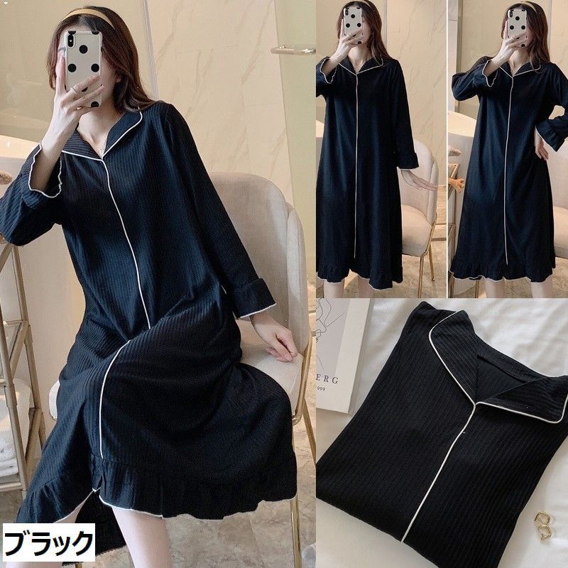 送料無料 ルームウェア パジャマ ワンピース ネグリジェ 部屋着 レディース 婦人用 ナイトウェア 襟付き 長袖 プルオーバー Vネック 膝下丈 無地 ネコ キリン ドット柄 プリント フリル サッカー生地 おしゃれ かわいい リラックスタイム 大きいサイズ