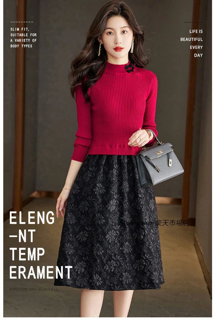 ニットワンピース レディース 40代 秋冬 長袖ワンピース セーター黒 花柄切り替え ロング丈ニットAラインスカート ひざ丈 ニットインナー オシャレ 韓国風 大人 セクシー ゆったり 体型カバー 30代 50代 入学式 卒業式 二次会 通勤OL