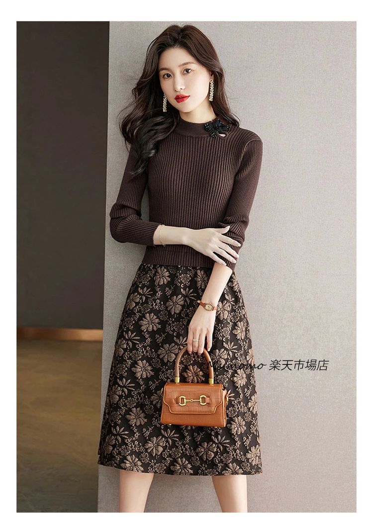 ニットワンピース レディース 40代 秋冬 長袖ワンピース セーター黒 花柄切り替え ロング丈ニットAラインスカート ひざ丈 ニットインナー オシャレ 韓国風 大人 セクシー ゆったり 体型カバー 30代 50代 入学式 卒業式 二次会 通勤OL