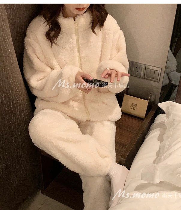 パジャマ モコモコルームウェア レディース 冬 長袖パジャマ 前開き 可愛い無地 フランネルルームウェア 暖かい上下セット 厚手 部屋着 ゆったり韓国風 オシャレ