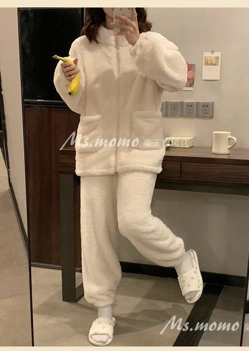 パジャマ モコモコルームウェア レディース 冬 長袖パジャマ 前開き 可愛い無地 フランネルルームウェア 暖かい上下セット 厚手 部屋着 ゆったり韓国風 オシャレ