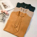 ブラウス ボウタイ ス シャツ 春 秋 冬 ショート丈 短丈ス 裾イン 長袖 ぽわん袖 ラウンドネック スタンドカラー フレア セミフレア シフォン カラバリあり ベージュ キャメル グリーン M L XL LL 2XL 3L 3XL 4L 4XL 5L 大きいサ