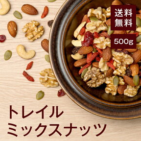 トレイルミックス 500g【送料無料】アーモンド くるみ カシューナッツ レーズン クランベリー クコの実 かぼちゃの種 無塩 食塩無添加 湿気対策◎ アウトドア 大人女子 ヘルシー おやつに◎ 家飲み おつまみに最適♪ チャック付き