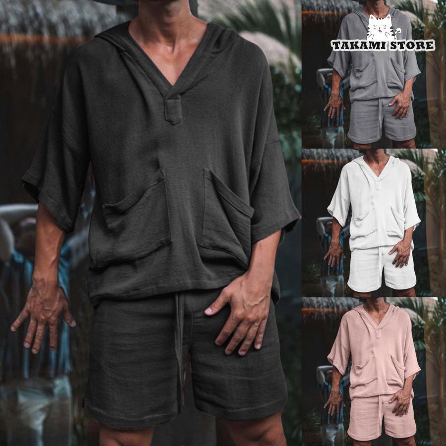 セットアップ メンズ 上下セット 半袖セットアップ 上下 綿麻 無地 Tシャツ ハーフパンツ ショーツ ショートパンツ リネン 麻 コットン 夏