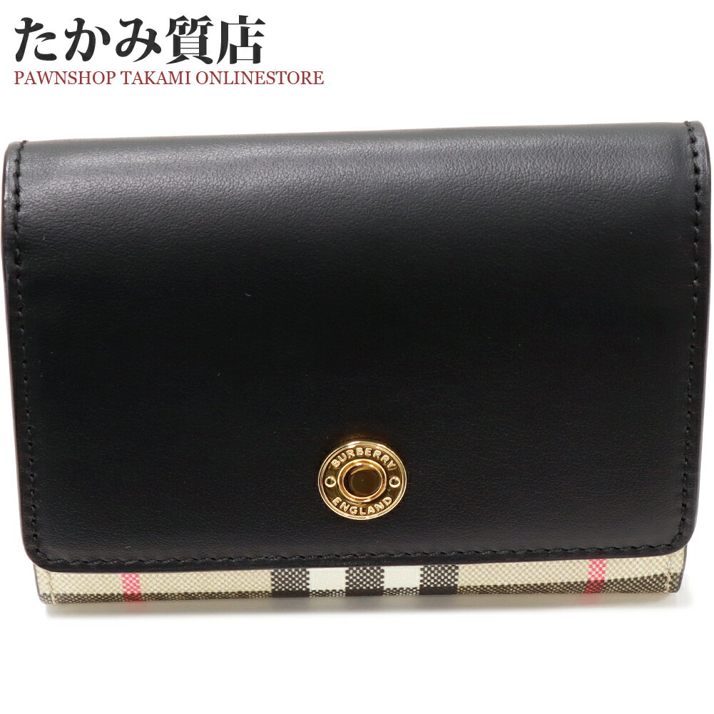 バーバリー 三つ折り財布(小銭入れあり) 二つ折り財布 スモール フォールディングウォレット PVCキャンバス 黒xベージュ 80579761