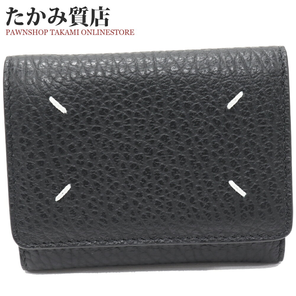 Rakuten - メゾンマルジェラ 三つ折り財布(小銭入れあり) 4ステッチ 三つ折り ウォレット カーフ ブラック SA3UI0010P4455T8013
