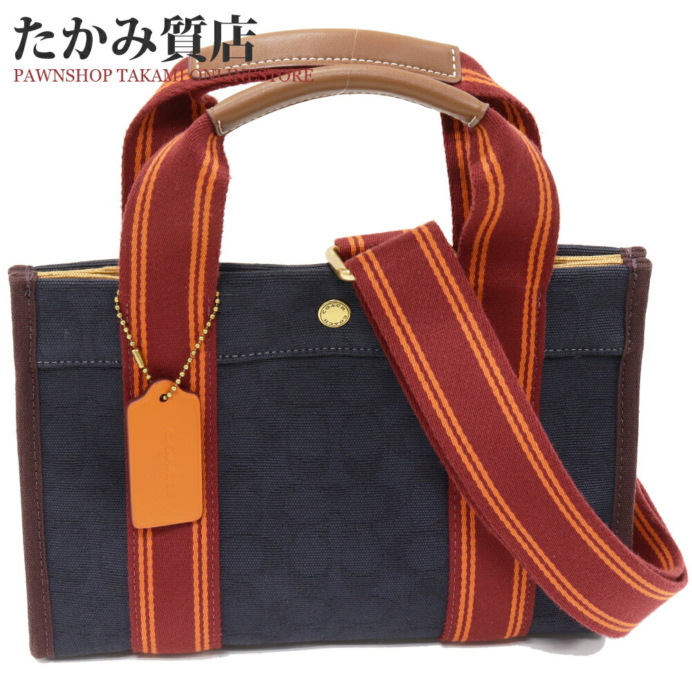 コーチ ハンドトートバッグ ショルダーバッグ シグネチャー スピン トート27 シグネチャージャカードxレザー ネイビー 2WAY C8635