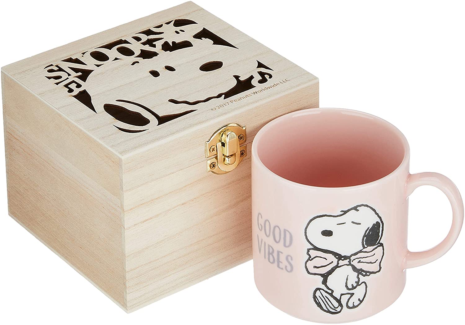 SNOOPY・スヌーピー木箱入マグ（Good vibes)ギフト コップ　マグカップ　食器　陶器　キャラクター　かわいい　プレゼント　 カラフル　ピーナッツ　PEANUTS　山加商店　電子レンジOK　日本製　磁器　ピーナッツ 飲み物　ピンク　ウッドストック 卒業記念