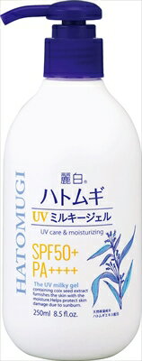 日焼け止め ローション ジェル 保湿 麗白 ハトムギ UVミルキージェル SPF50+ PA++++ ポンプ 250ml 普段使い 日差し 外出 天然保湿 成分 ハトムギエキス 無香料 無着色 日やけ 日焼け シミ ソバカス 防止 お肌 やさしい 石けん