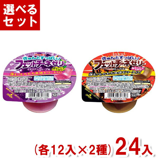 【内容量】 140g 【賞味期限】 メーカー製造日より6ケ月(未開封)です。実際にお届けする商品は、賞味期間は短くなりますのでご了承下さい。 【保存方法】 直射日光、高温多湿をおさけ下さい。 【原材料】 イタリアングレープ味：異性化液糖（国内製造）、砂糖、ぶどう濃縮果汁、こんにゃく粉／酸味料、ゲル化剤（増粘多糖類）、香料、乳酸Ca、着色料（クチナシ、カロテノイド）、微粒酸化ケイ素 コーラ味：異性化液糖（国内製造）、砂糖、レモン濃縮果汁、こんにゃく粉／酸味料、ゲル化剤（増粘多糖類）、着色料（クチナシ、カラメル、カロテノイド）、香料、乳酸Ca、酸化防止剤（V．C）、微粒酸化ケイ素 【商品説明】 選択肢よりお好きなフレーバーをお選びください。 各種12個入×2種の計24個セットです。 きゅんとすっぱいパウダーをイメージした酸味の効いた味わいのゼリーに、 弾むもちもち食感のフェットチーネ形状ゼリーが入ったゼリーです。 ※フェットチーネグミは入っていません。 きゅんとすっぱい！フェットチーネゼリー イタリアングレープ味 きゅんとすっぱい！フェットチーネゼリー コーラ味 フェットチーネゼリー グレープ味 コーラ味 コーラゼリー グレープゼリー ぶどうゼリー BOURBON フェットチーネグミゼリー フィットチーネゼリー グミゼリー フェットチーネグミ イタリアングレープ味 ゼリー デザート スイーツ カップゼリー 運動会 部活 スポーツ 学校 イベント 行事 差し入れ ダイエット 間食 夜食 小腹満たし お菓子 送料無料 おかし おやつ 業務用 大量販売 会社 企業 法人 企画 販促品 粗品 ノベルティ アミューズメント ゲームセンター クレーンゲーム 景品 賞品 卸売 問屋 まとめ買い まとめ売り ケース 箱買い 箱