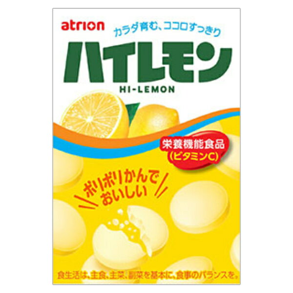 【内容量】 27g(18粒) 【賞味期限】 メーカー製造日より12ケ月(未開封)です。実際にお届けする商品は、賞味期間は短くなりますのでご了承下さい。 【保存方法】 直射日光および高温多湿の場所を避けて保存してください。 【原材料】 砂糖（国内製造）、ぶどう糖、濃縮レモン果汁、デキストリン、植物油脂、ゼラチン、りんごパウダー／ビタミンC、酸味料、乳化剤、香料、着色料（ビタミンB2、カロチノイド）、（一部に乳成分・大豆・りんご・ゼラチンを含む） 【商品説明】 ポリポリかんでおいしい　すっきりしたレモン味のタブレット ビタミンCを配合した、おいしいレモン味のタブレット にこにこハイレモンが入っていたらラッキー！ 栄養機能食品(ビタミンC)です。 アトリオン製菓 アトリオン atrion ハイレモン ヨーグレット コーラパンチ タブレット ラムネ レモン 栄養機能食品 ビタミンC ビタミン補給 駄菓子 だがし 懐かしいお菓子 お菓子 おかし おやつ 卸売り 問屋 大量販売 箱買い アミューズメント ゲームセンター クレーンゲーム 景品 賞品 イベント 行事 差し入れ 販促品 粗品 まとめ買い まとめ売り