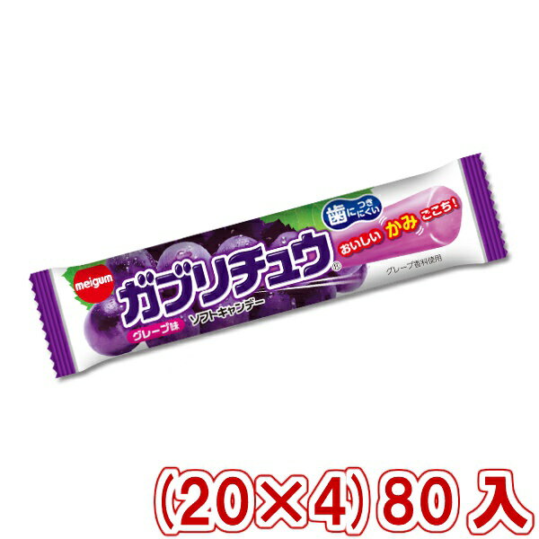 【内容量】 1本 【賞味期限】 メーカー製造日より12ケ月(未開封)です。実際にお届けする商品は、賞味期間は短くなりますのでご了承下さい。 【保存方法】 直射日光、高温多湿をおさけ下さい。 【原材料】 砂糖、水あめ、植物油脂、ゼラチン、濃縮グレープ果汁、加糖練乳、でん粉/乳化剤、ソルビトール、増粘多糖類、酸味料、加工でん粉、着色料（アントシアニン、クチナシ）、香料、(一部に乳成分・大豆・ゼラチンを含む) 【商品説明】 さらにおいしくなった、ガブリチュウグレープ味！果汁感がアップしてかめばかむほどジューシーに！ 明治チューイングガム　Meiji Chewing Gum