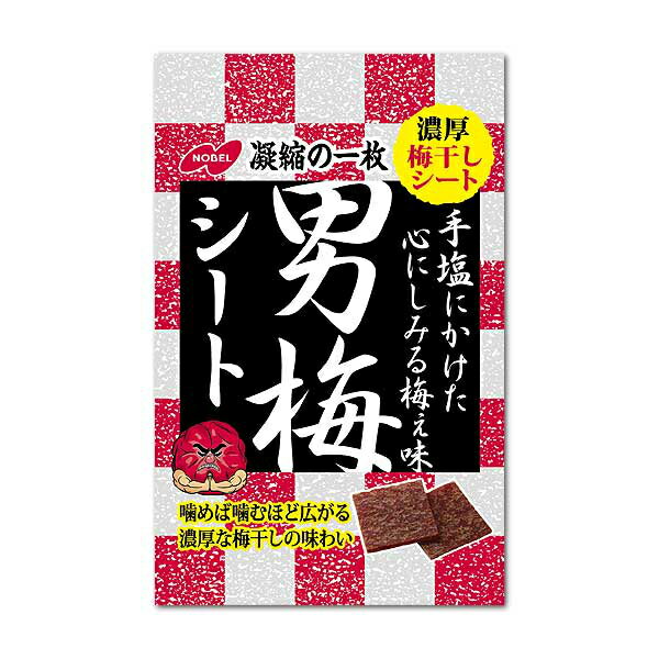 【内容量】 27g 【保存方法】 直射日光、高温多湿をおさけ下さい。 【原材料】 梅肉（梅（中国）、食塩）、コーンスターチ、砂糖、水飴／酸味料、調味料（アミノ酸等）、ソルビトール、甘味料（アスパルテーム・L-フェニルアラニン化合物）、野菜色素 【商品説明】 人気の男梅から梅ぼしシートが登場！ 噛めば噛むほどしみ出す濃厚な梅の味わいが楽しめるシート菓子です。